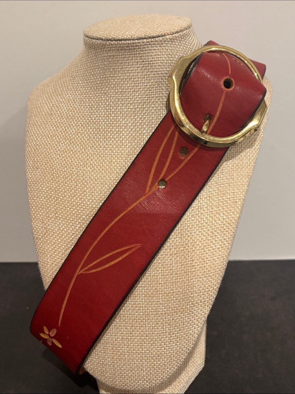 Wide Red Leather Belt with Gold Floral Detailing sz S